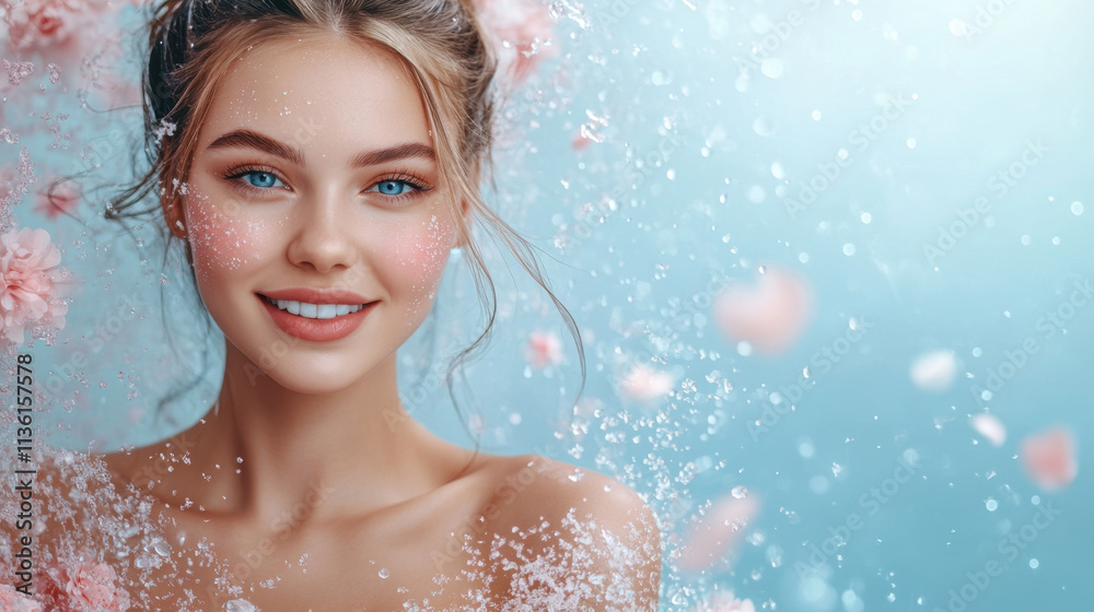 A young woman with blue eyes and a joyful smile is surrounded by soft pink flower petals and delicate white snowflakes, creating a dreamy atmosphere. A young woman with blue eyes and a joyful smile is surrounded by soft pink flower petals and delicate white snowflakes, creating a dreamy atmosphere.