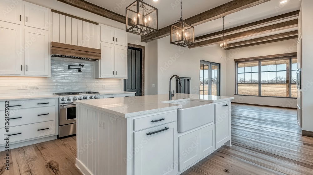A farmhouse-style kitchen with shiplap walls, an apron-front sink, and exposed wooden beams above a large island A farmhouse-style kitchen with shiplap walls, an apron-front sink, and exposed wooden beams above a large island