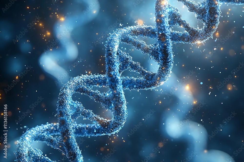 3d illustration of rotating DNA glowing molecule on blue background