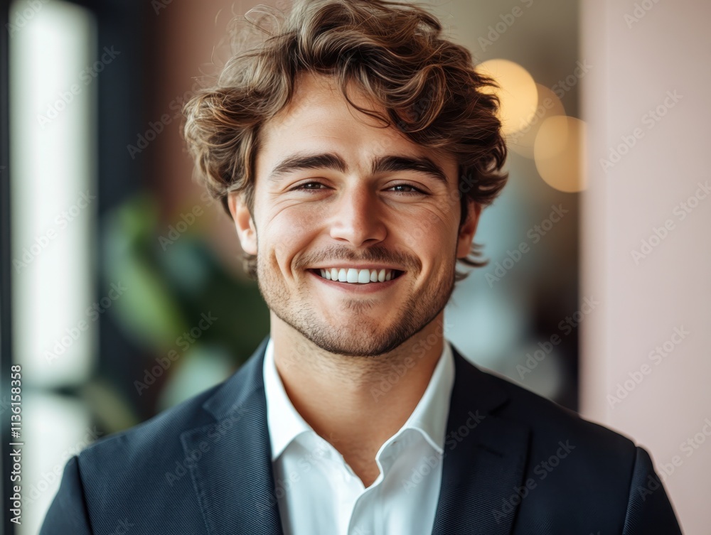 Confident businessman with a suit and a smile in a office background, He looking at the camera