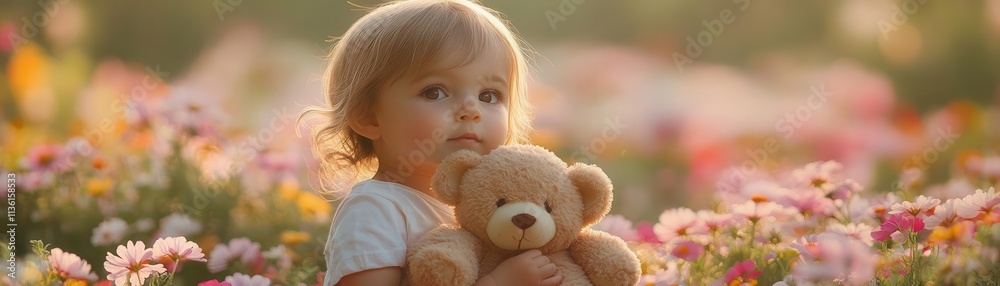 Toddler holding a teddy bear, sitting in a blooming flower garden, soft light, Watercolor style Toddler holding a teddy bear, sitting in a blooming flower garden, soft light, Watercolor style