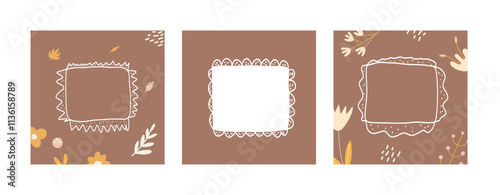 Brown nude collage background with frame for text. Mocha mousse palette Abstract textured template. Monochrome backdrop. Scrapbook modern nude colors cover with copy space. Vector illustration.