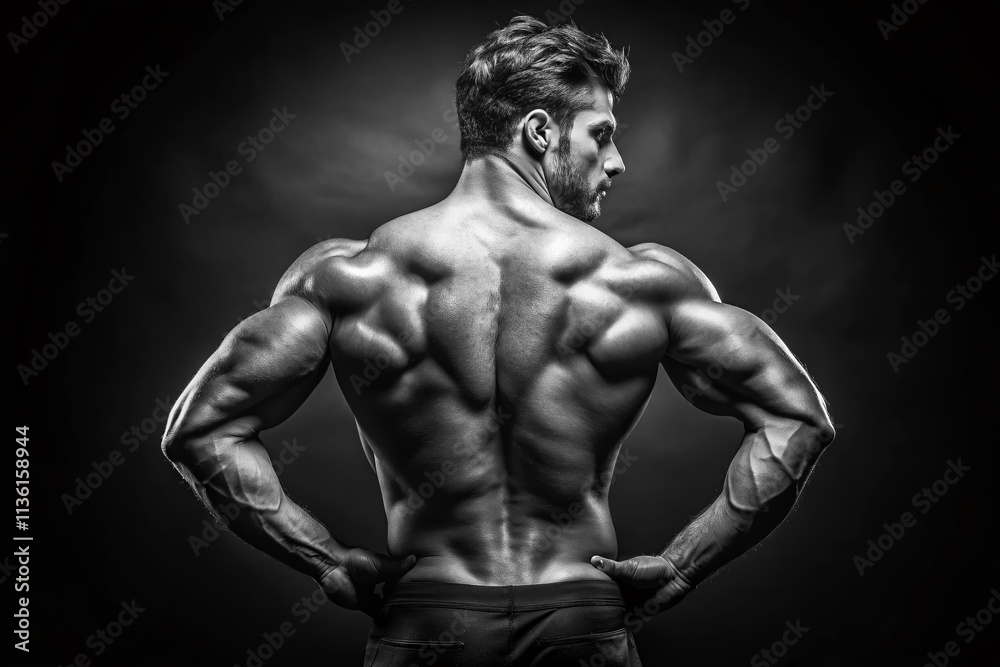 Fototapeta premium High Contrast Monochrome Photography of a Muscular Male Model's Back in Studio Lighting to Capture Strength and Definition with Artistic Flair and Dramatic Shadows
