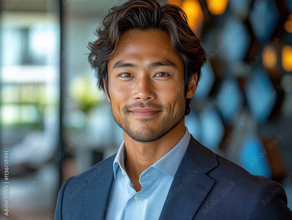 Obraz premium Asian man with a smile on his face is wearing a suit and a shirt in studio office background