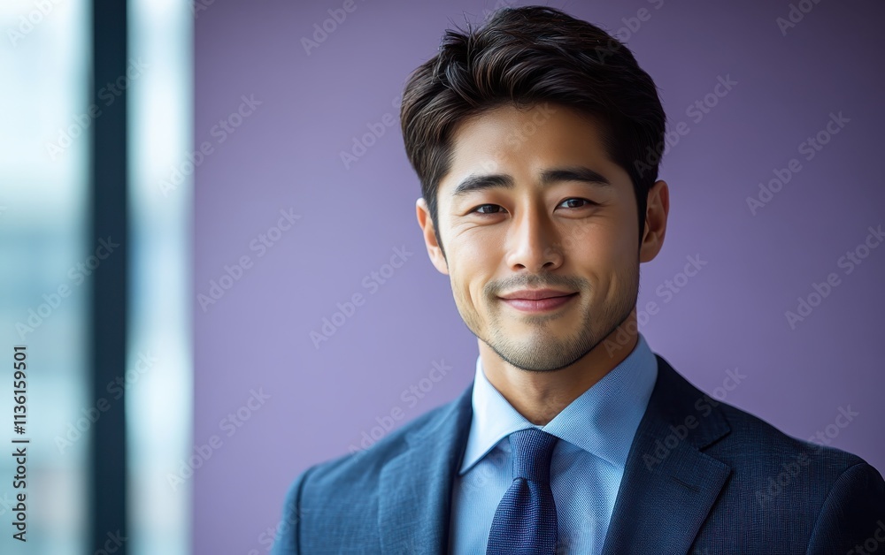 Asian man with a smile on his face is wearing a suit and a shirt in studio office background Asian man with a smile on his face is wearing a suit and a shirt in studio office background