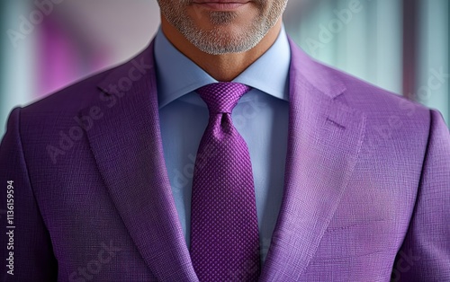 Man in purple suit and tie stands confidently, showcasing elegant fashion in a modern setting