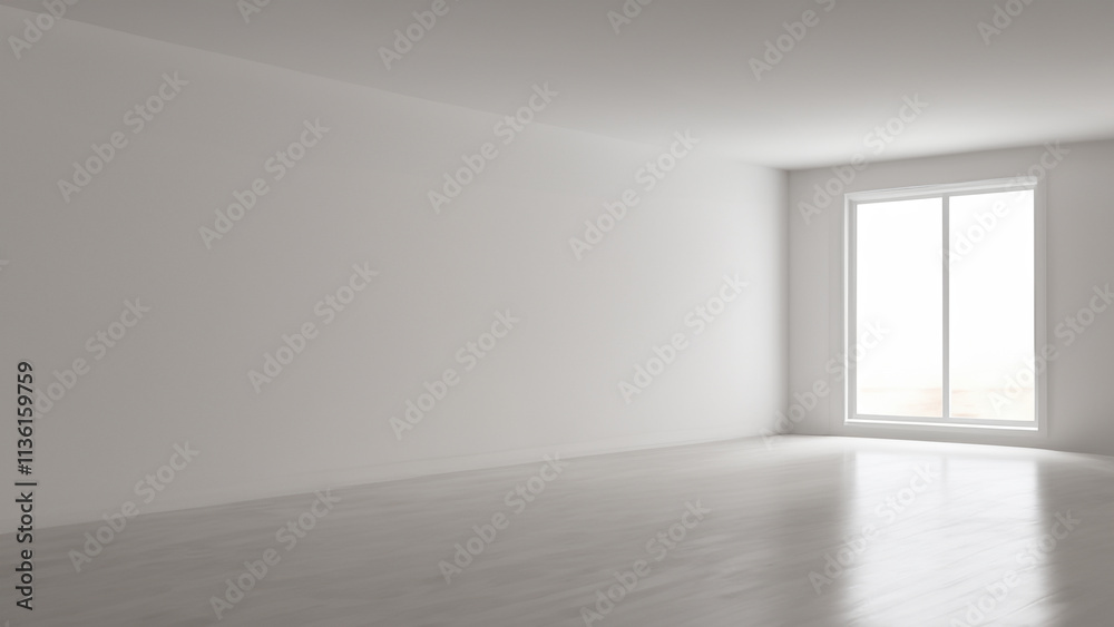 Wide-Angle View of Minimalist White Room Studio Gallery Hall with Large Window and Soft Lighting Wide-Angle View of Minimalist White Room Studio Gallery Hall with Large Window and Soft Lighting