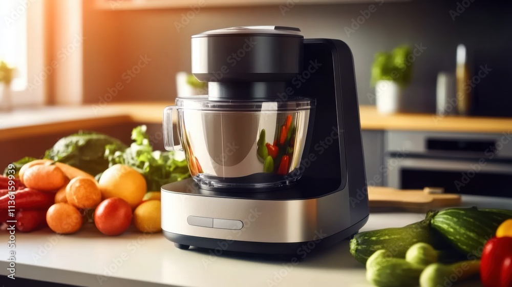 Sleek food processor on modern kitchen countertop surrounded by fresh vegetables and fruits, showcasing efficient kitchen appliance for healthy cooking and meal preparation. Sleek food processor on modern kitchen countertop surrounded by fresh vegetables and fruits, showcasing efficient kitchen appliance for healthy cooking and meal preparation.