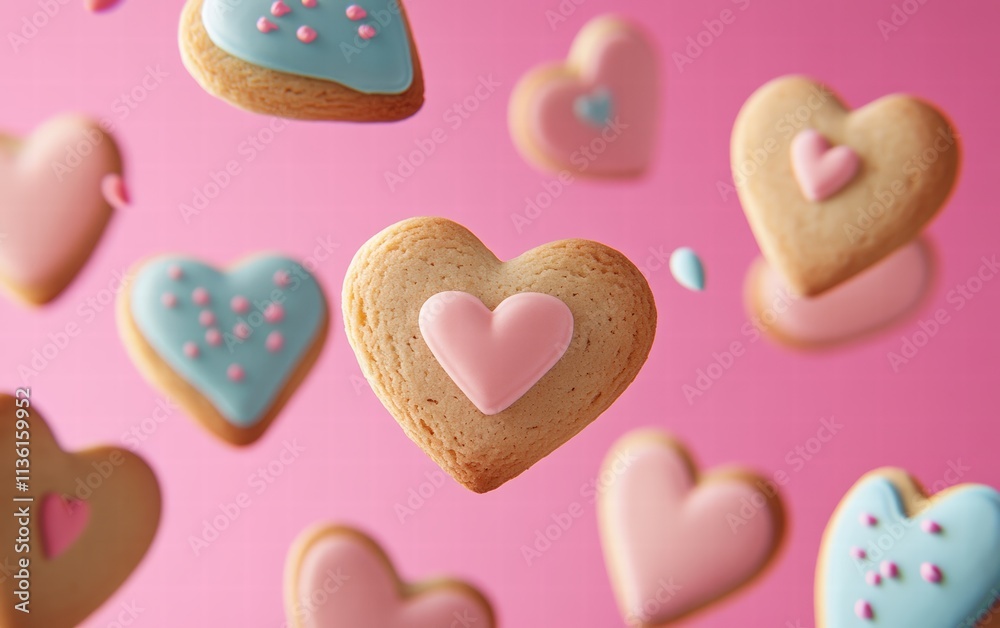 Heart-shaped cookies with pastel icing floating mid-air on a vibrant pink background Heart-shaped cookies with pastel icing floating mid-air on a vibrant pink background