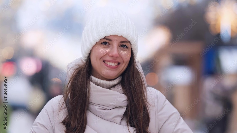 Portrait of a beautiful young woman in winter clothes. The woman smiles happily against the background of a snowy street decorated with Christmas garlands. Portrait of a beautiful young woman in winter clothes. The woman smiles happily against the background of a snowy street decorated with Christmas garlands.