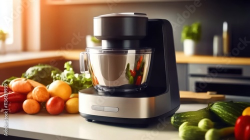 Sleek food processor on modern kitchen countertop surrounded by fresh vegetables and fruits, showcasing efficient kitchen appliance for healthy cooking and meal preparation. photo