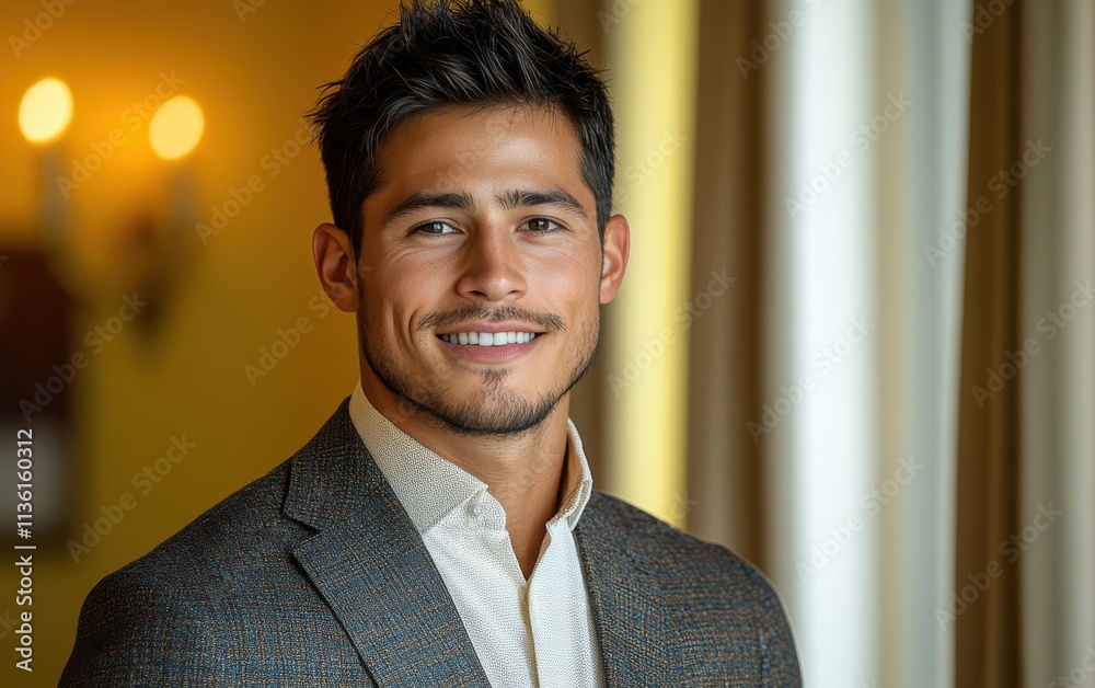 Confident businessman with a suit and a smile in a office background, He looking at the camera Confident businessman with a suit and a smile in a office background, He looking at the camera