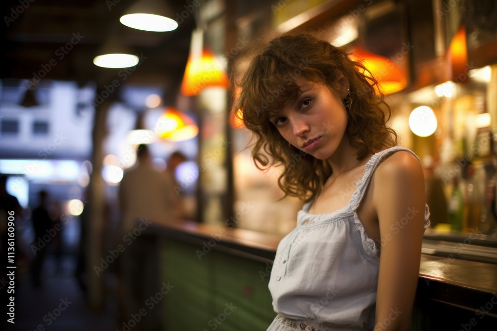 A woman with long hair is sitting at a bar A woman with long hair is sitting at a bar