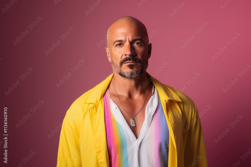 A man in a yellow jacket with a rainbow shirt and a necklace A man in a yellow jacket with a rainbow shirt and a necklace