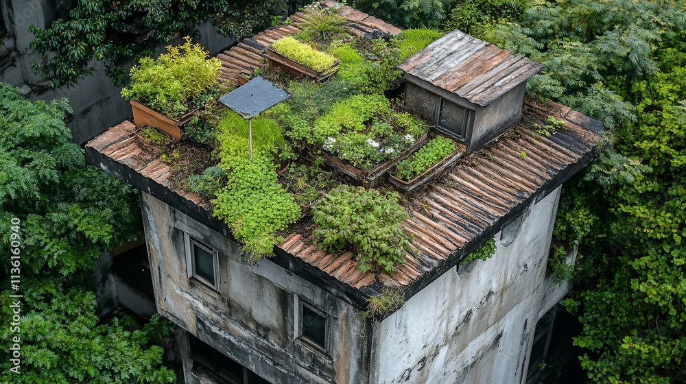Overgrown rooftop garden on aged building, foliage surrounding. Overgrown rooftop garden on aged building, foliage surrounding.