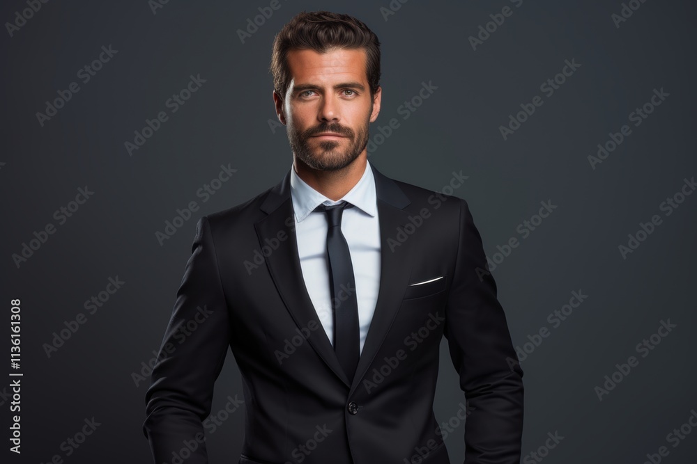 A man in a suit and tie stands in front of a dark background A man in a suit and tie stands in front of a dark background