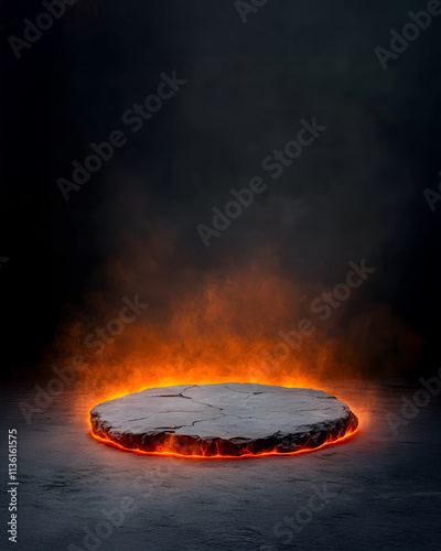 Volcanic podium erupts in fiery display dramatic landscape digital art dark environment eye-level perspective
