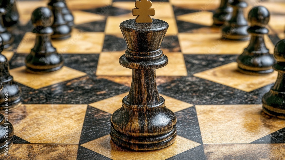 Classic Chess Game with King Piece on Board Ready for Action Classic Chess Game with King Piece on Board Ready for Action