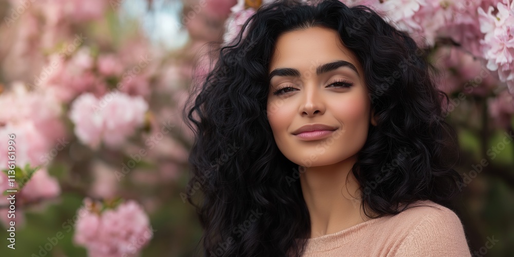 A woman with long hair is smiling in front of a tree with pink flowers. Concept of happiness and contentment A woman with long hair is smiling in front of a tree with pink flowers. Concept of happiness and contentment