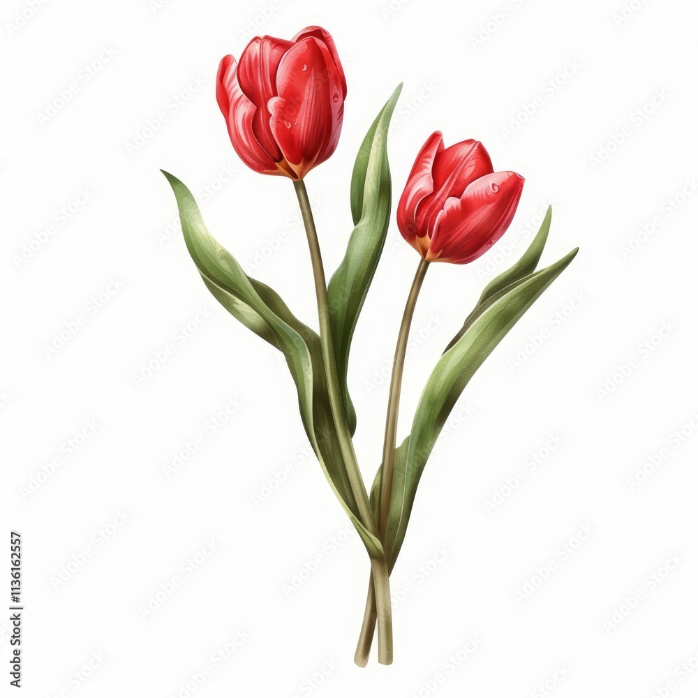 Botanical illustration of two red tulips with water drops growing on white background Botanical illustration of two red tulips with water drops growing on white background