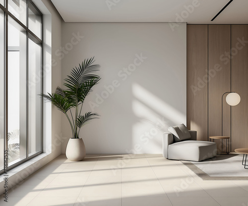 Aesthetic elegant minimalist modern interior design. Clear mock up empty wall for decoration in the apartment. Copy space in the room. Neutral palette of natural colors.