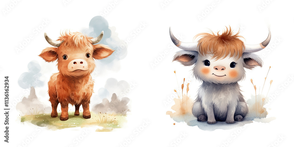 Cute cartoon cows with fluffy fur and playful expressions Cute cartoon cows with fluffy fur and playful expressions