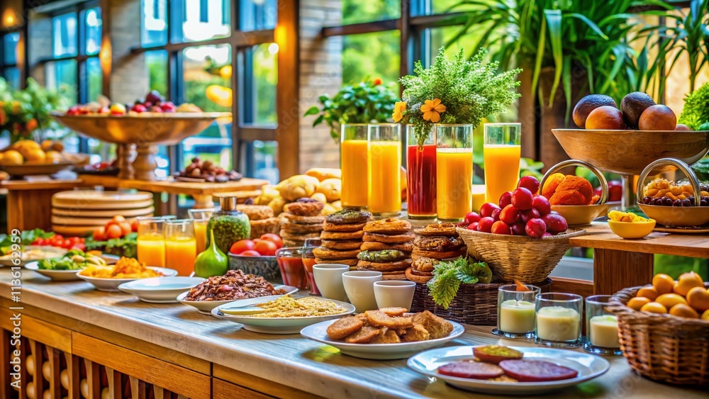 Fototapeta premium Hotel Breakfast Buffet: Delicious Morning Meal Photos - High-Resolution Images