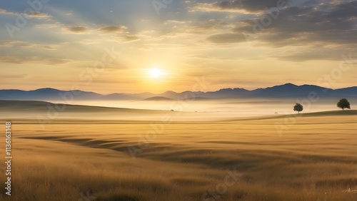 A vast, open field under a wide, cloud-streaked sky. In the foreground, tall, golden grass sways gently in the breeze, and scattered wildflowers add pops of color. The horizon stretches far, with a mo