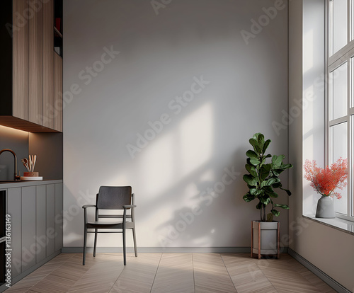 Aesthetic elegant minimalist modern interior design. Clear mock up empty wall for decoration in the apartment. Copy space in the room. Neutral palette of natural colors.