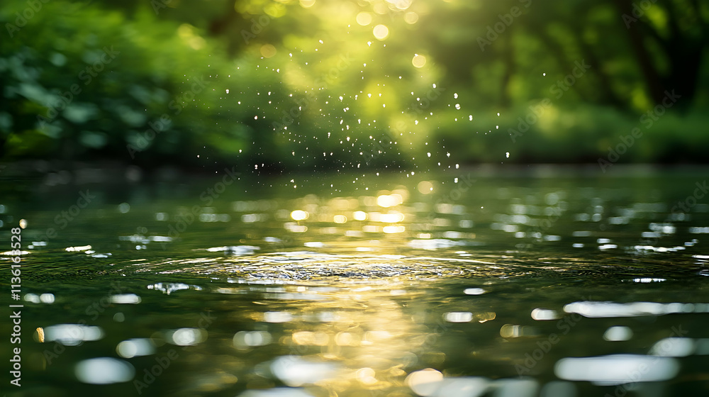 Water droplets falling on calm river surface, sunlit green background. Water droplets falling on calm river surface, sunlit green background.