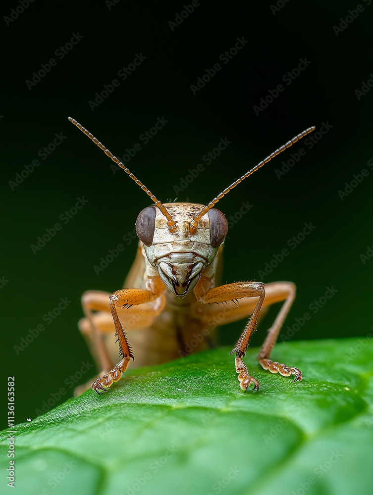 Fototapeta premium Detailed close-up of a cricket on a green leaf