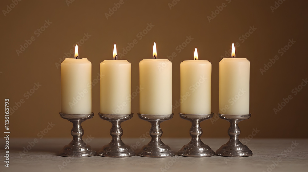 Six white candles placed on an antique silver candlestick, creating a vintage and elegant atmosphere, perfect for adding warmth and sophistication to any romantic or classic setting.
Six white candles placed on an antique silver candlestick, creating a vintage and elegant atmosphere, perfect for adding warmth and sophistication to any romantic or classic setting.