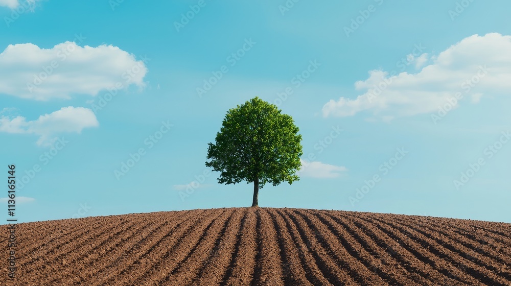 Obraz premium climate change global warming reforestation concept. Lone tree on a hill against a clear blue sky and plowed field.