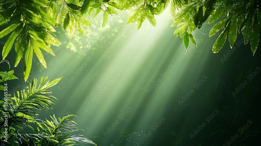 Obraz premium climate change global warming reforestation concept. Lush green foliage with sunlight streaming through.
