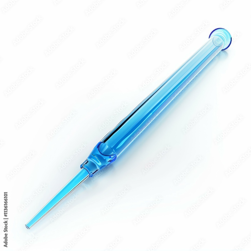 Empty blue glass pipette lying on a reflective white background, ready for use in laboratory or medical setting Empty blue glass pipette lying on a reflective white background, ready for use in laboratory or medical setting