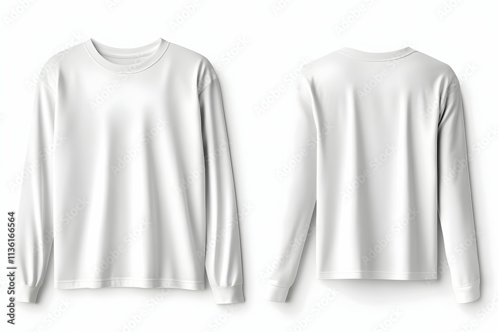 White long-sleeve shirt mockup, front and back views, isolated on white. White long-sleeve shirt mockup, front and back views, isolated on white.