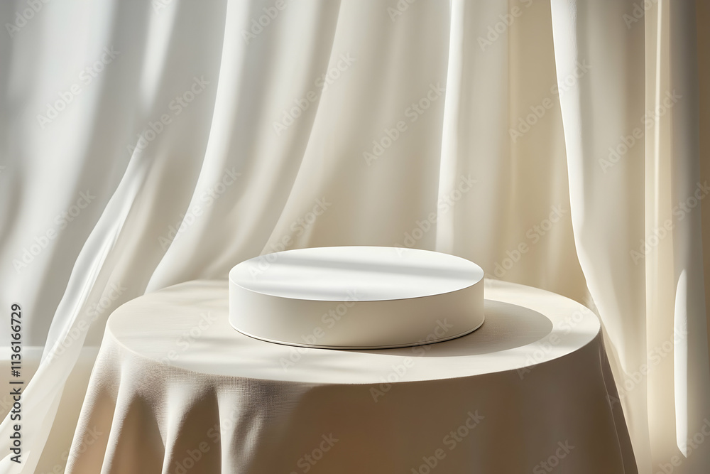 White podium on beige fabric table with flowing curtains. White podium on beige fabric table with flowing curtains.
