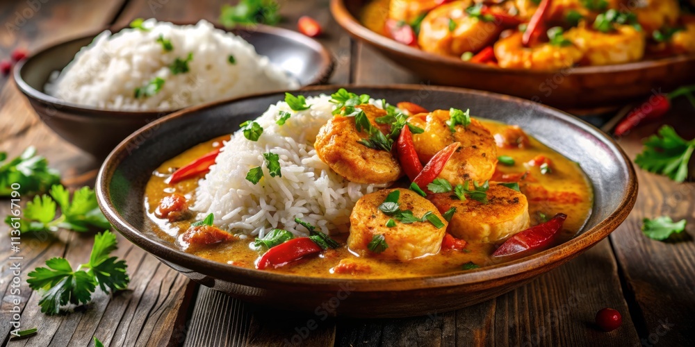 Exquisite Coconut Shrimp Curry with Fluffy Rice in Tilt-Shift Photography Style, Capturing the Creamy Texture and Vibrant Colors of this Delicious Dish Exquisite Coconut Shrimp Curry with Fluffy Rice in Tilt-Shift Photography Style, Capturing the Creamy Texture and Vibrant Colors of this Delicious Dish