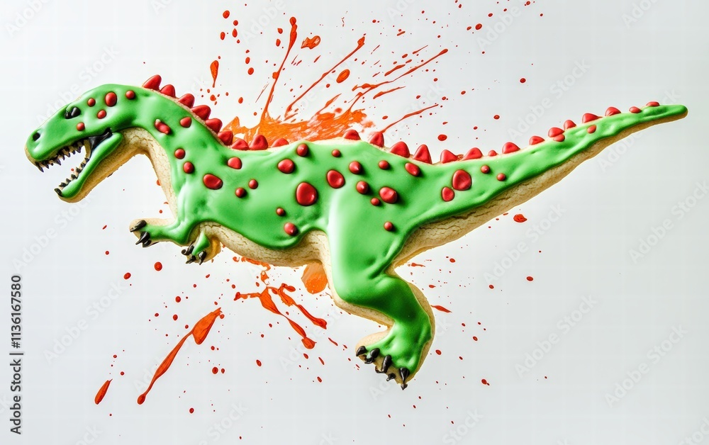 Fototapeta premium A dinosaur-shaped cookie with bold green icing and vibrant red spots dynamically hovering on a bright white background