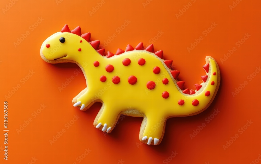 Fototapeta premium A dinosaur-shaped cookie with bright yellow icing and fun red polka dots dynamically hovering on a bold orange background