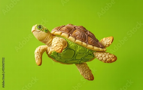 A detailed turtle-shaped cookie with green and brown icing accents levitating mid-air on a bright lime green background photo