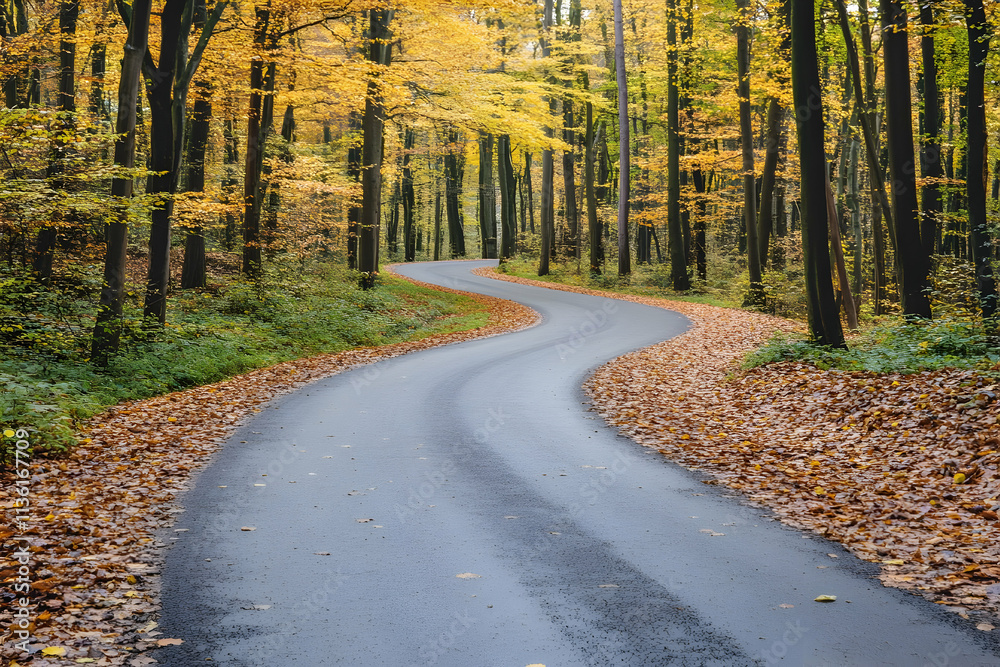 Obraz premium Winding road through autumn forest.