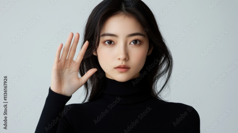 Young Woman with Long Hair Wearing Black Sweater Raising Hand Young Woman with Long Hair Wearing Black Sweater Raising Hand