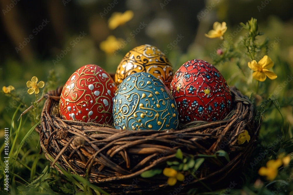 Bright, rich colors of Easter eggs in a wicker basket on a nice, gentle background with space for text Bright, rich colors of Easter eggs in a wicker basket on a nice, gentle background with space for text