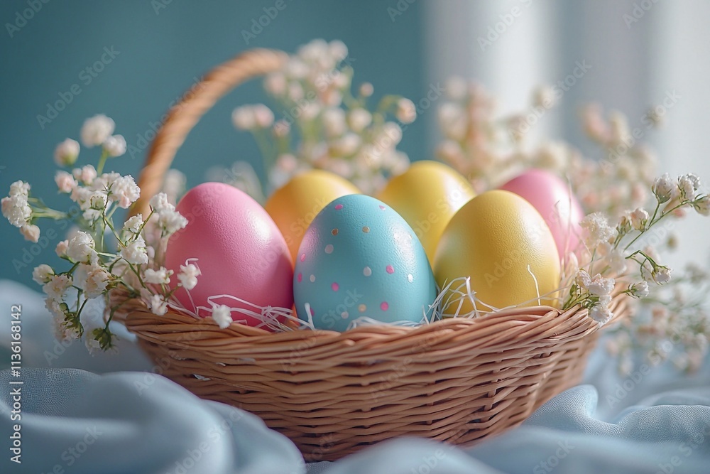 Bright, rich colors of Easter eggs in a wicker basket on a nice, gentle background with space for text Bright, rich colors of Easter eggs in a wicker basket on a nice, gentle background with space for text