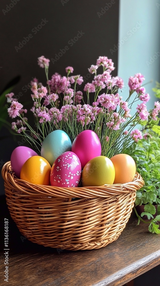 Bright, rich colors of Easter eggs in a wicker basket on a nice, gentle background with space for text