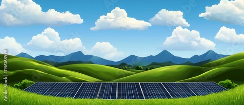 Energy use concept. Vibrant landscape featuring solar panels amidst rolling green hills.