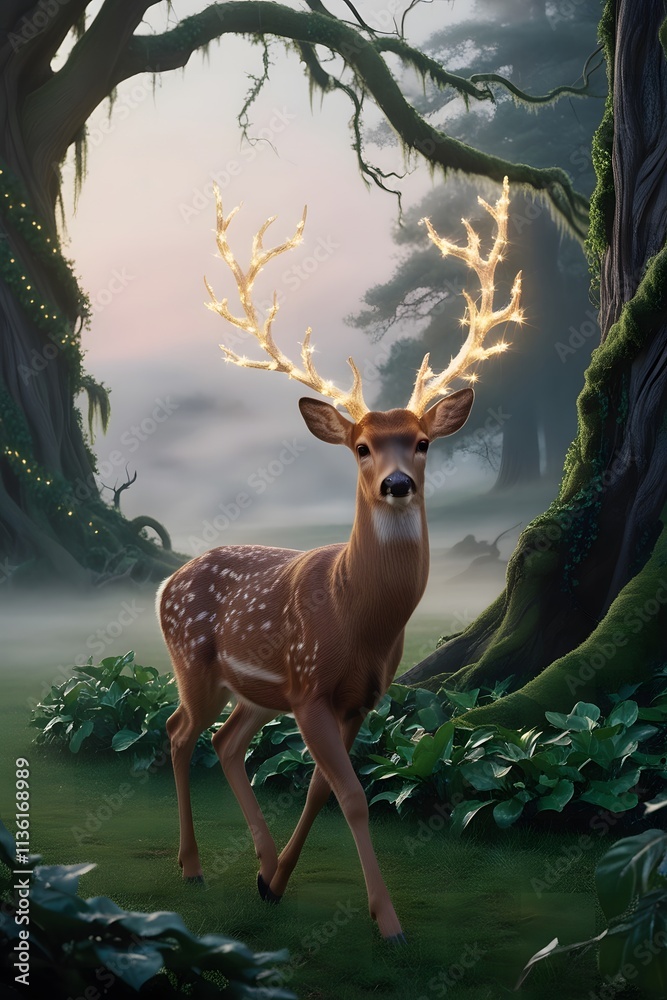 Fototapeta premium A graceful deer with glowing antlers that resemble tree branches, walking through a foggy, magical glade at dawn