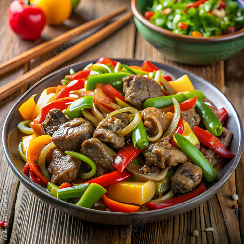 plated Chinese beef chop suey with colorful vegetable photo