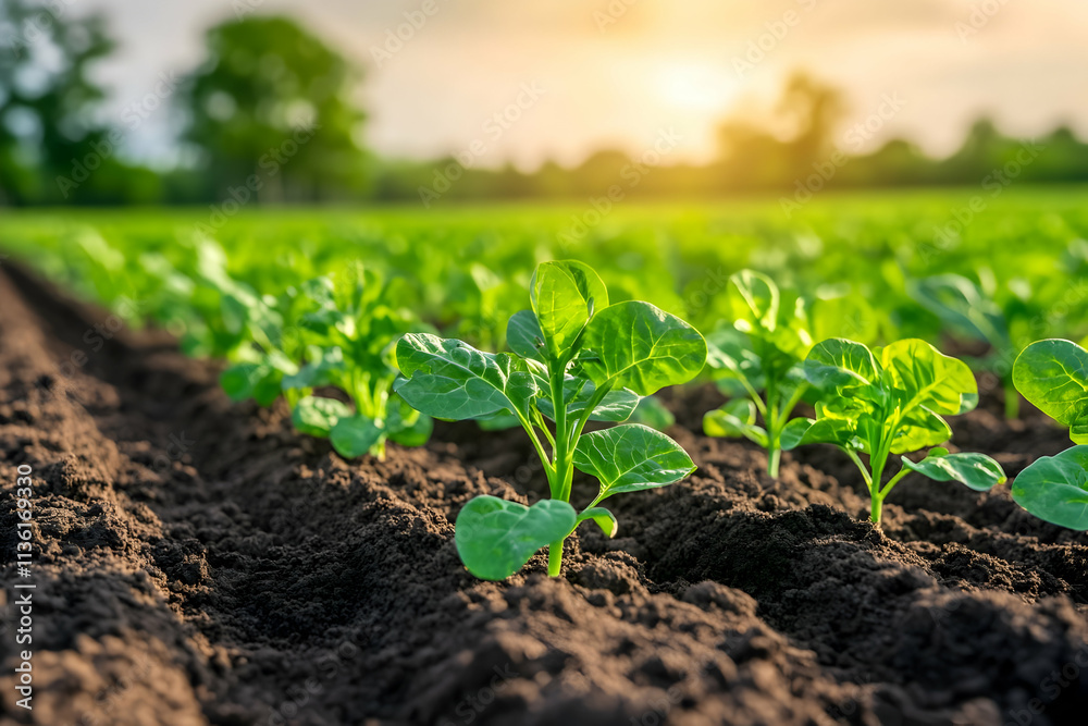 Young plants growing in a fertile field at sunset.